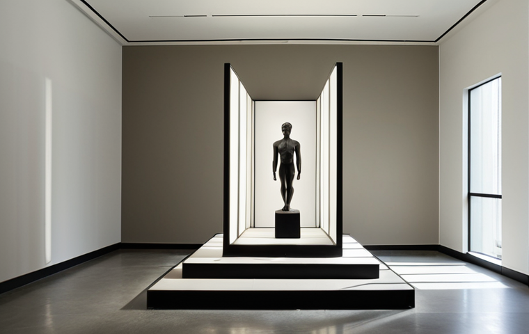 **
A minimalist sculpture installation in a modern museum, bathed in natural light creating dynamic shadows. The walls are neutral, allowing the sculptures to stand out. Strategic lighting highlights the textures and forms. The atmosphere evokes serenity and depth.
**
