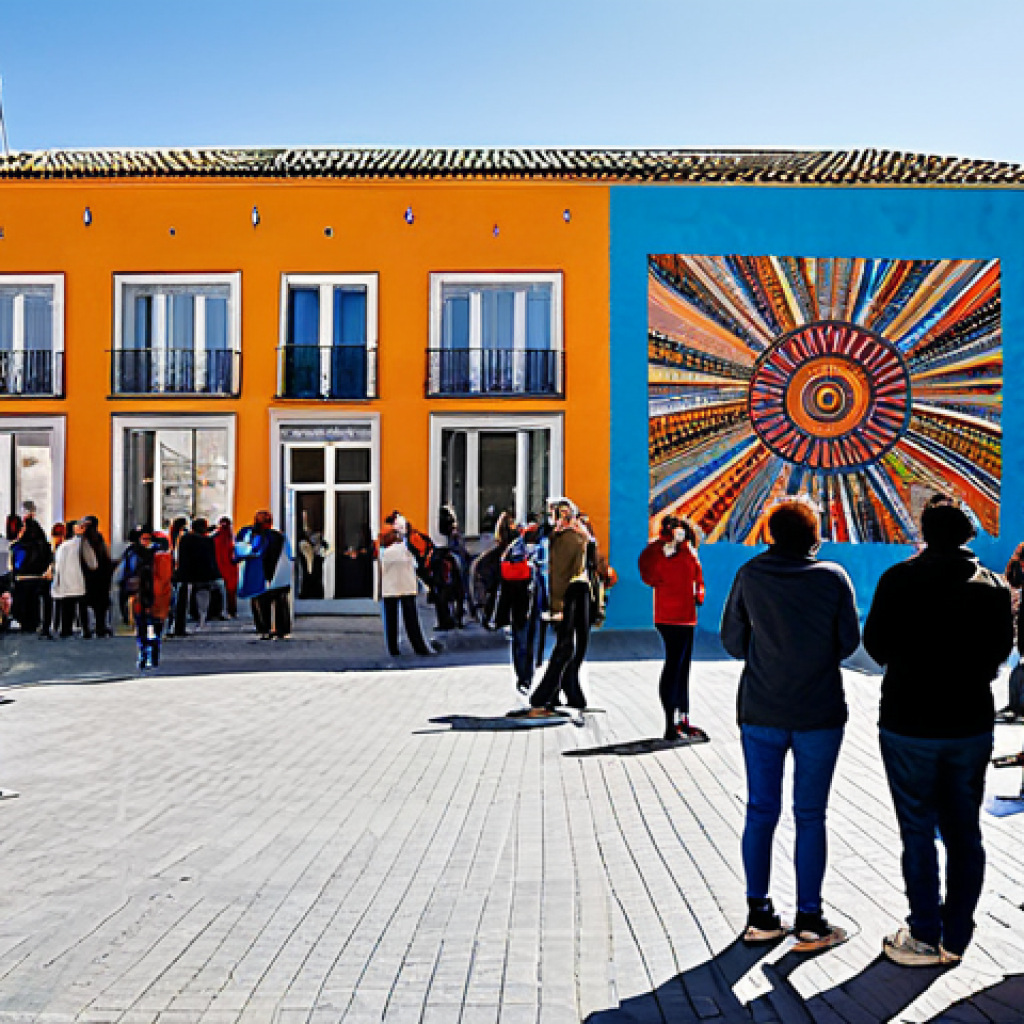 A diverse group of people, fully clothed in modest, everyday attire, are gathered in a vibrant urban square in a humble neighborhood of Madrid. They are engaging with a large-scale public art installation: a colorful, interactive mural on a previously grey building wall, possibly incorporating textile art elements, transforming the space into a community hub. In the background, bustling local businesses like a churro stand and a small cafe are visible, indicating increased foot traffic. Professional photography, high detail, perfect anatomy, correct proportions, natural pose, well-formed hands, proper finger count, natural body proportions, safe for work, appropriate content, fully clothed, modest, family-friendly.