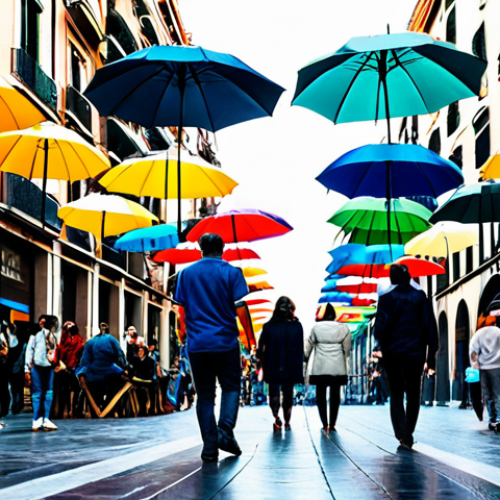 Home 17 **
"A diverse group of people enjoying an art installation featuring colorful umbrellas suspended over a pedestrian street in Barcelona. Fully clothed, appropriate attire, safe for work, perfect anatomy, natural proportions, vibrant colors, street photography, high quality, professional."
**