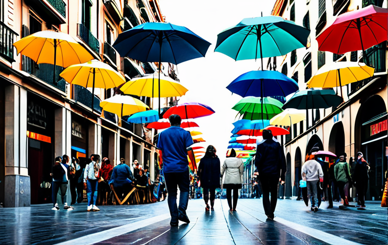 **
"A diverse group of people enjoying an art installation featuring colorful umbrellas suspended over a pedestrian street in Barcelona. Fully clothed, appropriate attire, safe for work, perfect anatomy, natural proportions, vibrant colors, street photography, high quality, professional."
**