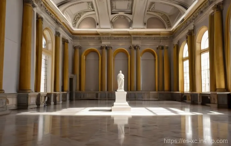 전통 예술과 현대 설치 예술 공간 비교 - The Silent Reverence of Classical Grandeur**

A wide shot of a majestic, traditional art museum hall...