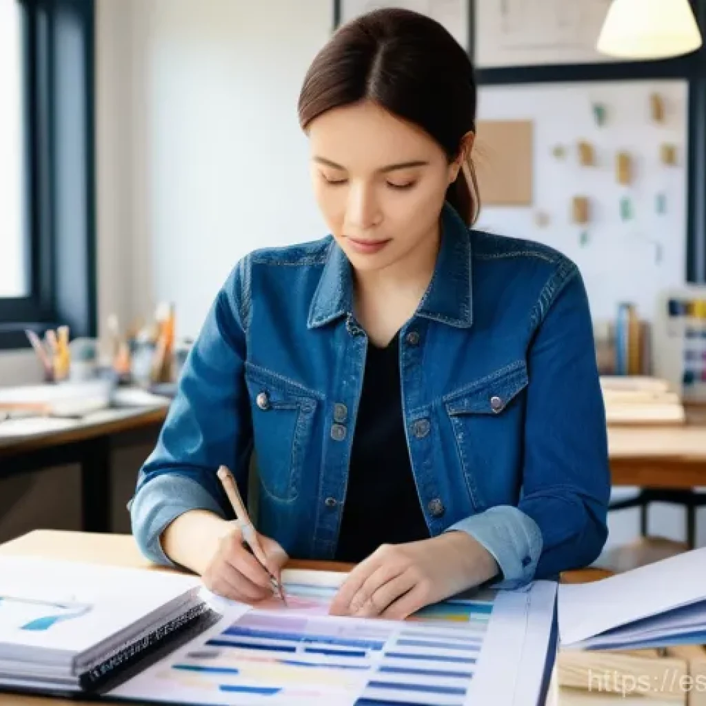 설치 예술 공간의 예산 관리 전략 - A female artist in her late 30s, meticulously organizing a large, vibrant spreadsheet on a computer ...
