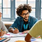 예술 공간에서의 협업 프로젝트 관리 방법 - **Prompt:** A diverse group of three artists, one male and two female, aged late 20s to early 40s, a...