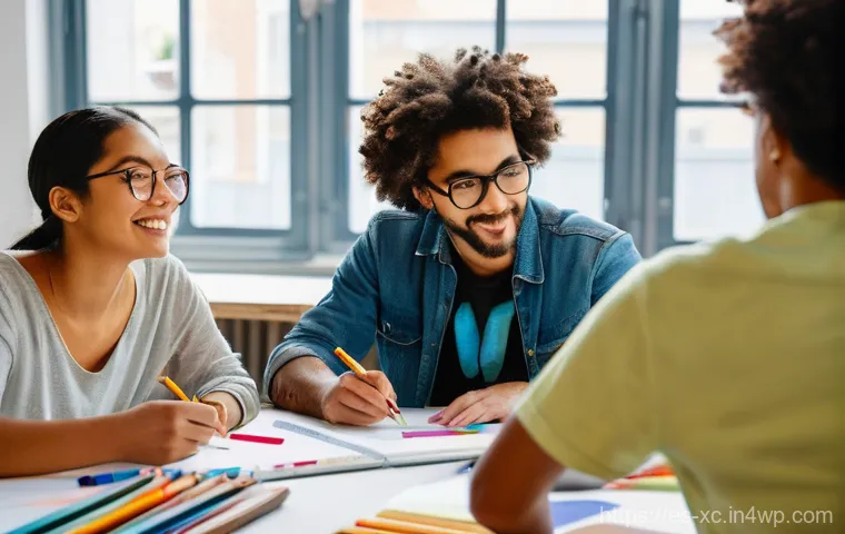 예술 공간에서의 협업 프로젝트 관리 방법 - **Prompt:** A diverse group of three artists, one male and two female, aged late 20s to early 40s, a...