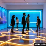 최고의 설치 예술 공간 구성 아이디어 - A contemporary art installation inside a spacious urban gallery featuring dynamic LED lights integra...