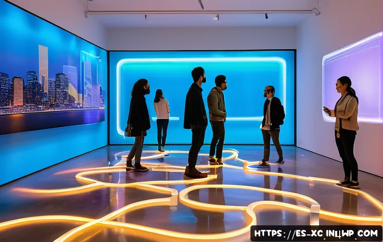 최고의 설치 예술 공간 구성 아이디어 - A contemporary art installation inside a spacious urban gallery featuring dynamic LED lights integra...
