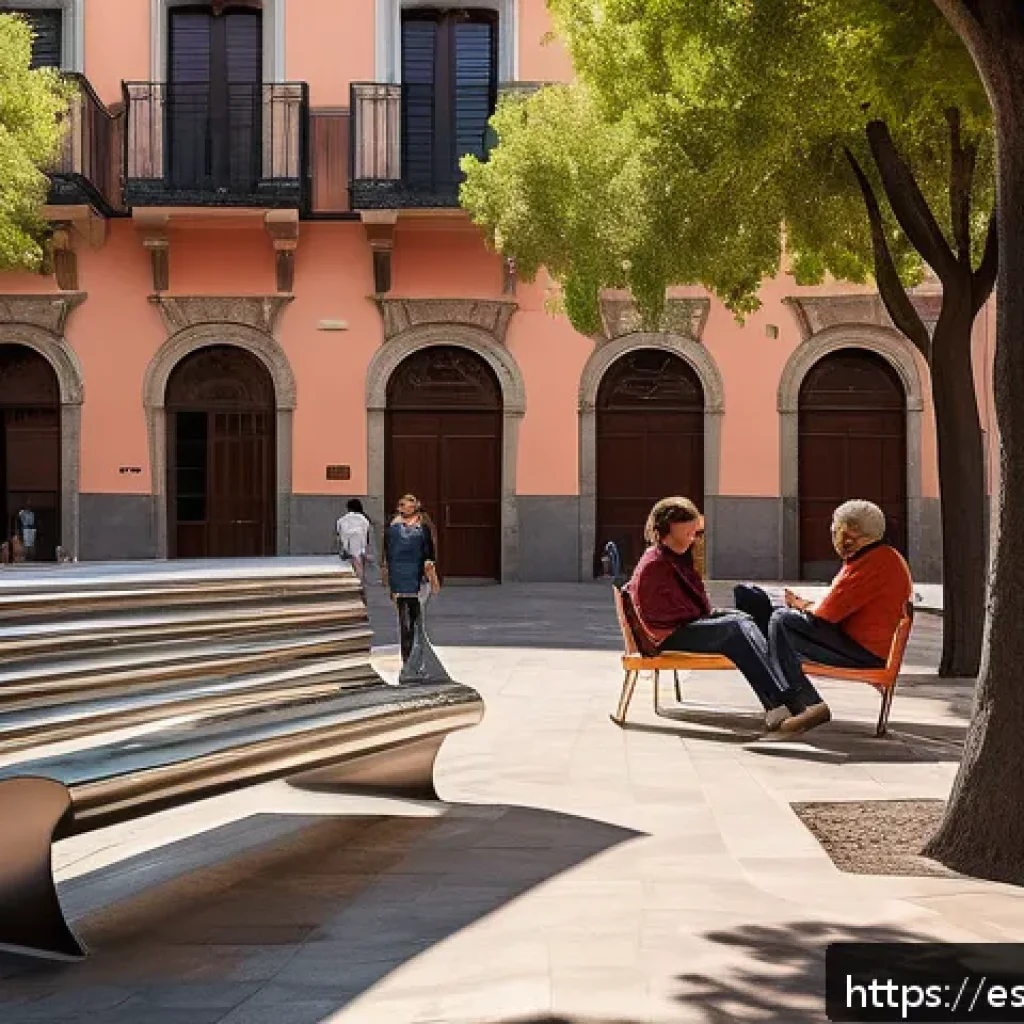 설치 예술과 공간의 상관관계 연구 - A vibrant urban plaza in a Spanish city, featuring a large interactive sculpture made of stainless s...