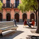 설치 예술과 공간의 상관관계 연구 - A vibrant urban plaza in a Spanish city, featuring a large interactive sculpture made of stainless s...