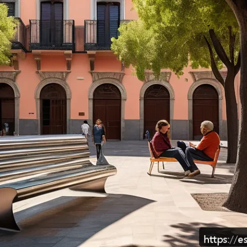 설치 예술과 공간의 상관관계 연구 - A vibrant urban plaza in a Spanish city, featuring a large interactive sculpture made of stainless s...