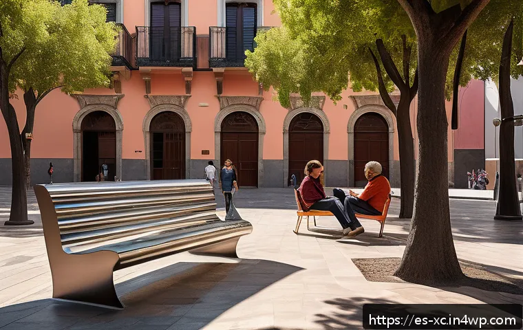 설치 예술과 공간의 상관관계 연구 - A vibrant urban plaza in a Spanish city, featuring a large interactive sculpture made of stainless s...