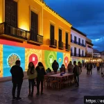디지털 미디어와 설치 예술 공간의 통합 - A vibrant urban plaza in a Spanish city at dusk, featuring an interactive digital mural on a histori...