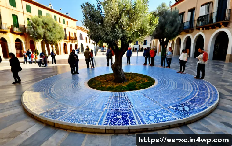 지역 사회와 연계한 설치 예술 공간 만들기 - Photorealistic community installation art space in a sunlit Spanish town plaza, local residents of d...